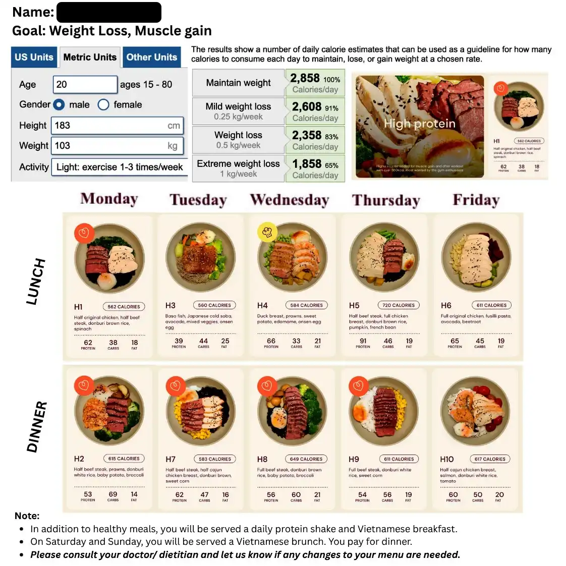Workout and meal plan examples